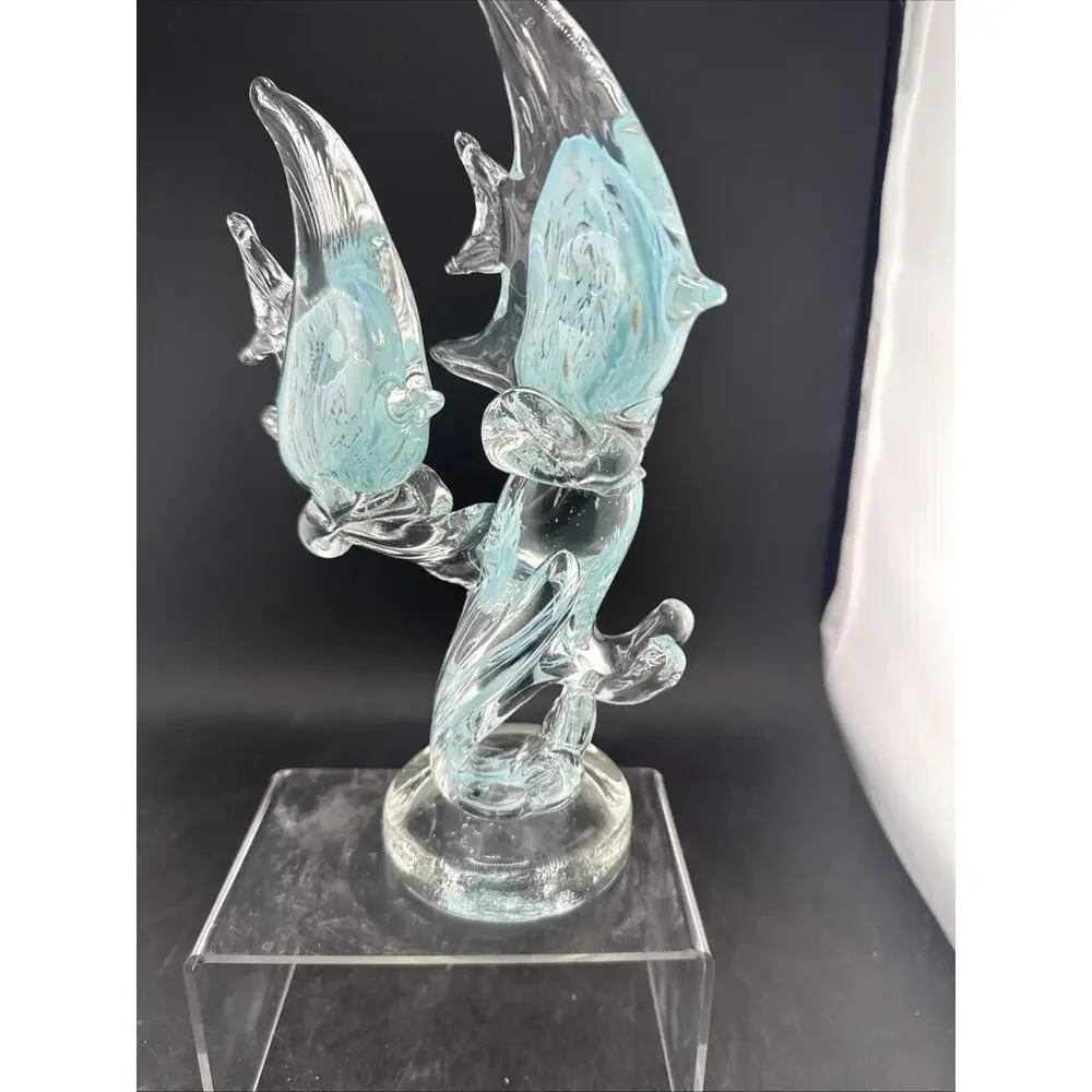 Vintage Murano Style Art Glass Double Angelfish on Wave Sculpture Blue Clear